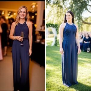 DressBarn Roz & Ali Navy Blue Stud Fold Halter Sleeveless Wide Pant Jumpsuit 14W